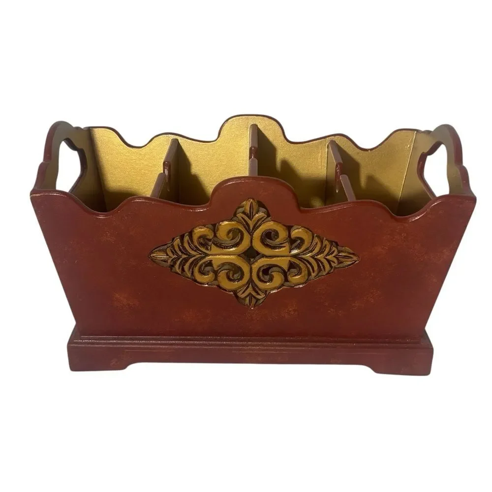 Wooden Desk Organizer Italian Florentine Styling Gold Accents